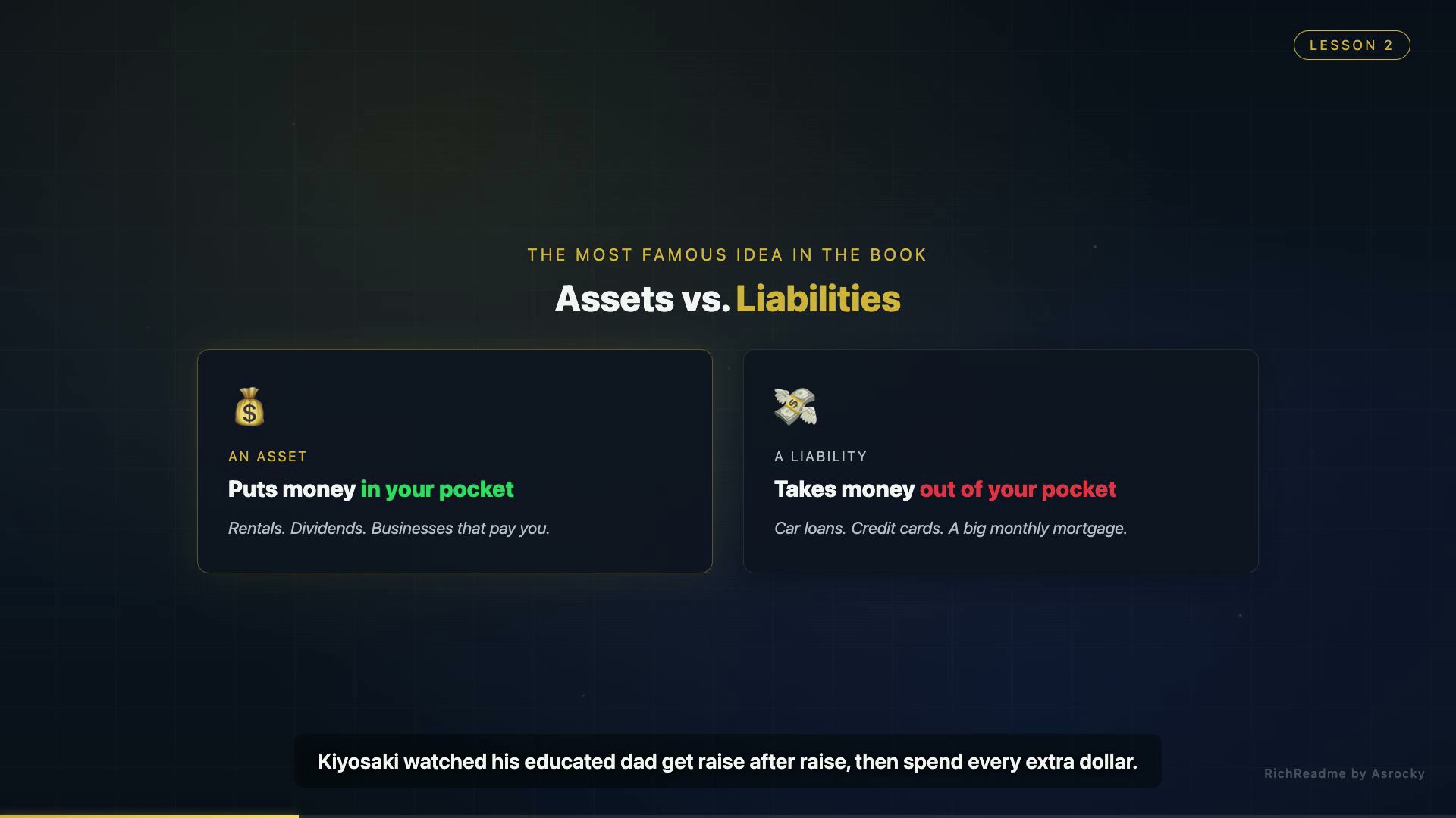 Lesson 2: an asset puts money in your pocket, a liability takes money out